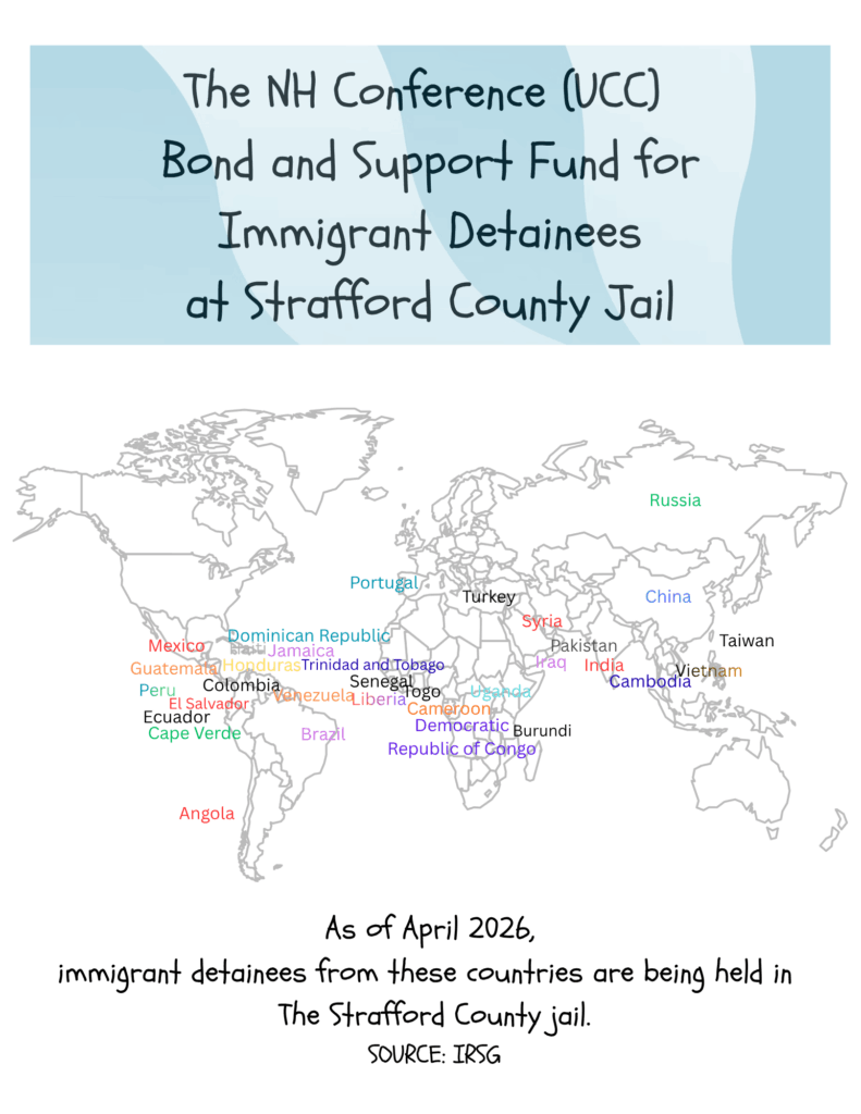 As of April 2026 immigrants from the following countries are being held in Strafford County Jail. Mexico, Dominican Republic, Jamaica, Honduras, Guatemala, Colombia, El Salvador, Ecuador, Cape Verde, Venezuela, Peru, Brazil, Angola, Trinidad and Tobago, Senegal, Togo, Liberia, Cameroon, Uganda, Burundi, Democratic Republic of Congo, Portugal, Turkey, Syria, Pakistan, Iraq, India, Cambodia, Vietnam, Taiwan, China, and Russia 